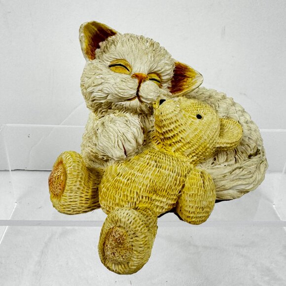Sleeping Kitty Cat Hugging Teddy Bear 5.5" Beige Resin Figurine - Picture 3 of 12